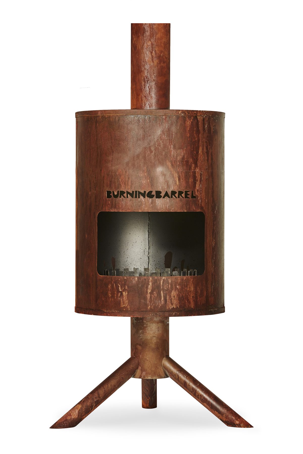 The Barrel, a hand-welded Corten steel outdoor fireplace